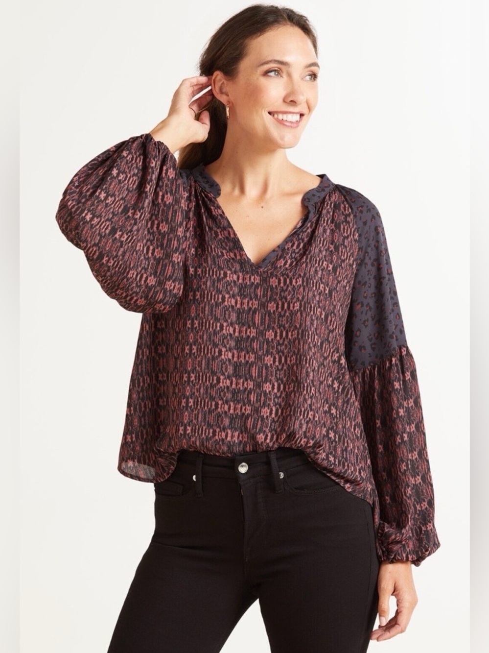 Evereve Roan + Ryan Annabelle Balloon Sleeve Multi Animal Print Blouse S Small
